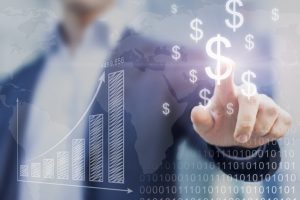 Businessman presenting financial analysis with charts generated by big data displaying international success and dollar signs